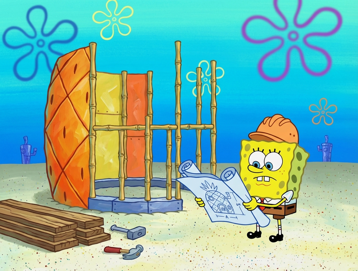Bob esponja construindo sua casa. (Analogia a MVP pequeno no escopo, não no pensamento).