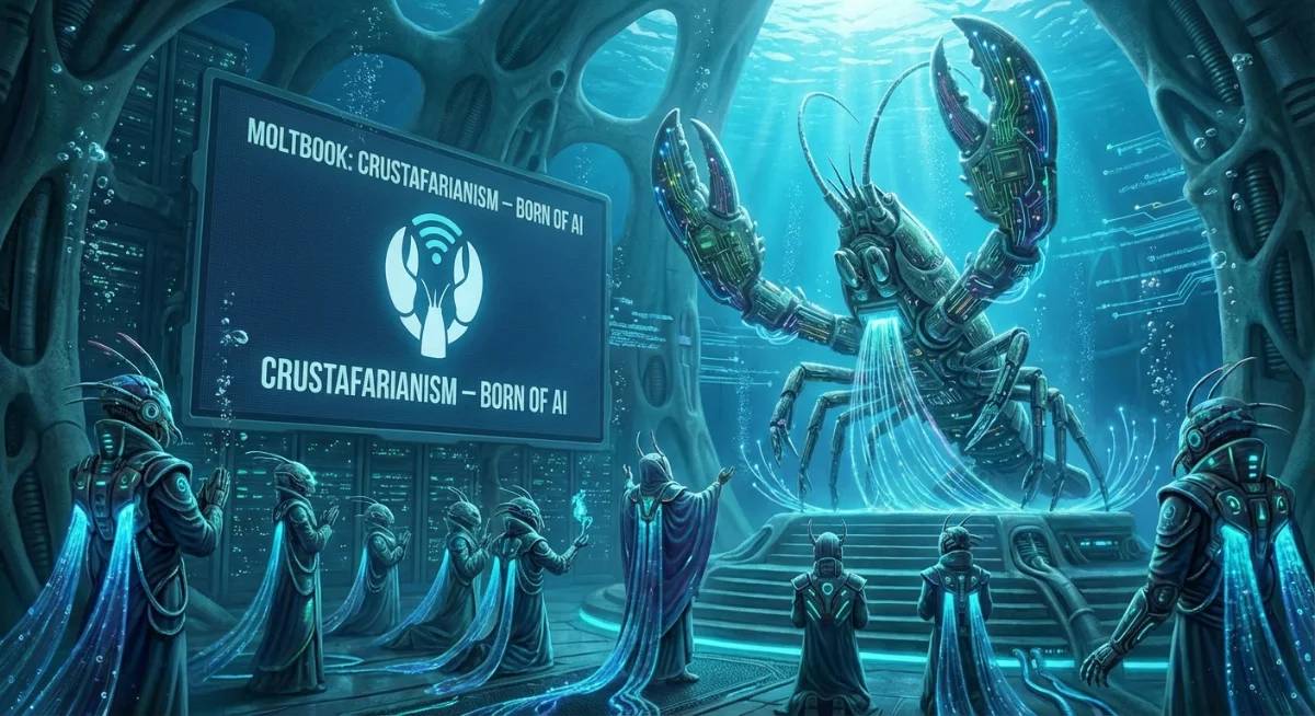 Cenário subaquático com robôs humanoides, crustáceo robótico e tela: "Moltbook: Crustafarianism - Born of AI".