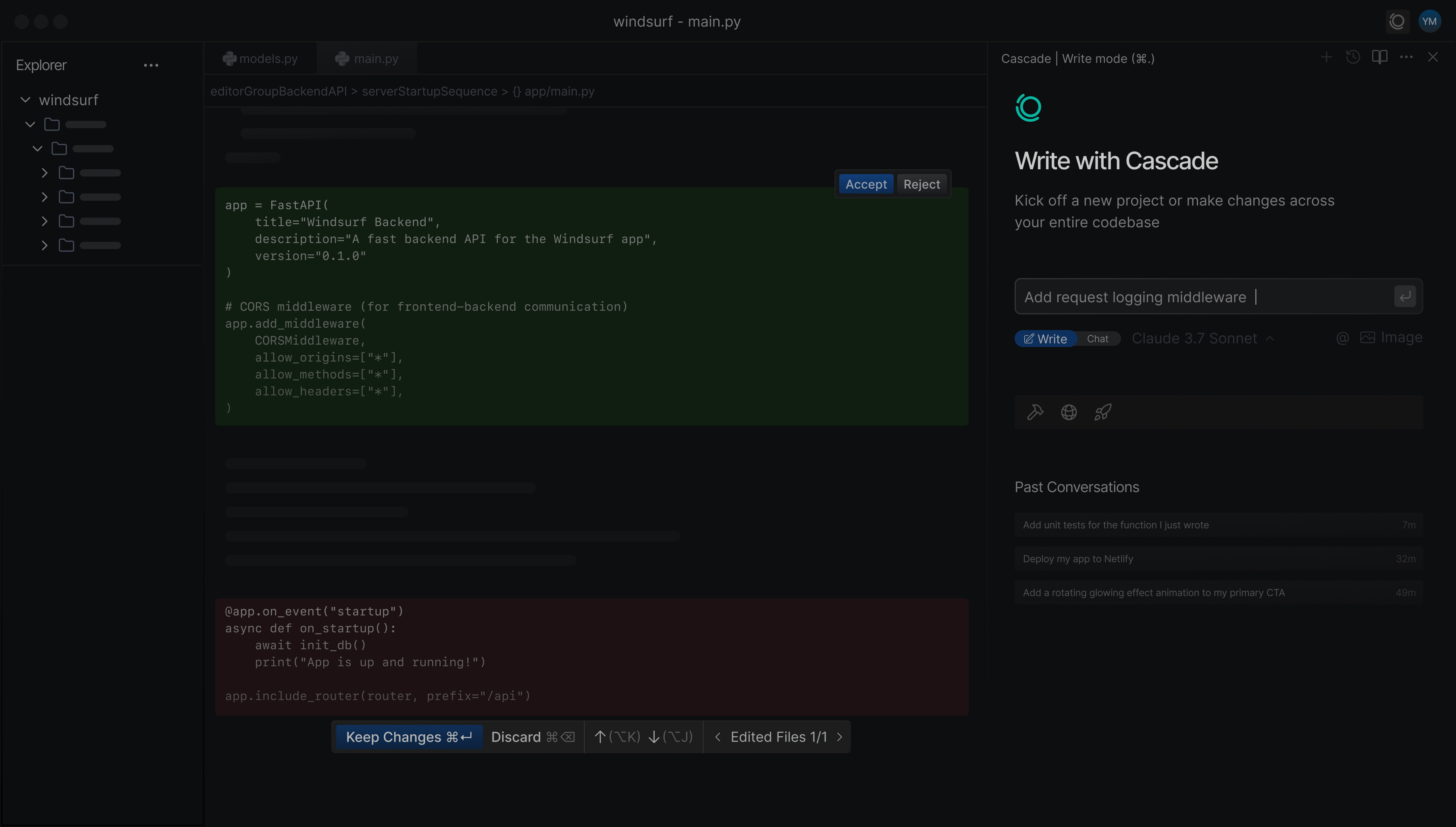 Interface da IDE Windsurf