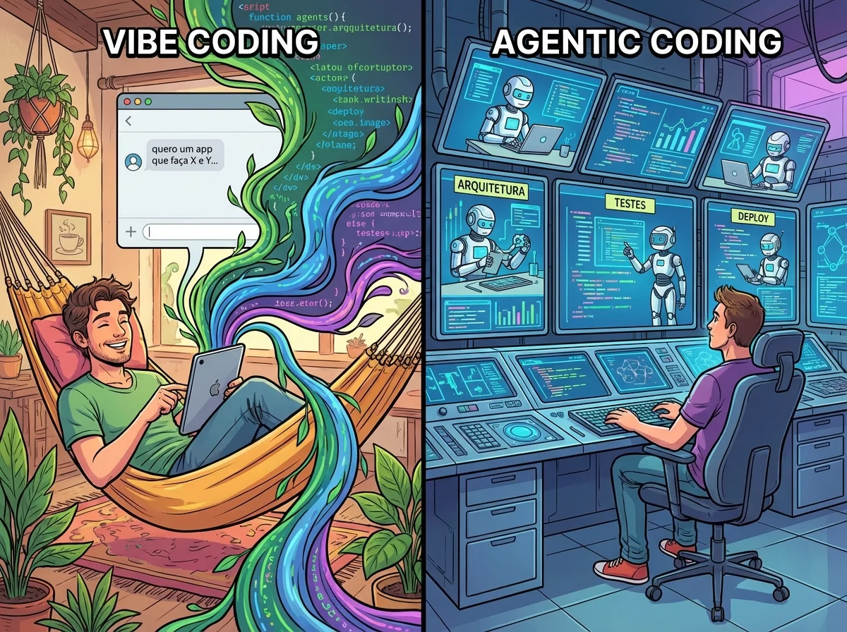 Comparativo visual entre o estilo relaxado do Vibe Coding e a estrutura orquestrada do Agentic Coding.