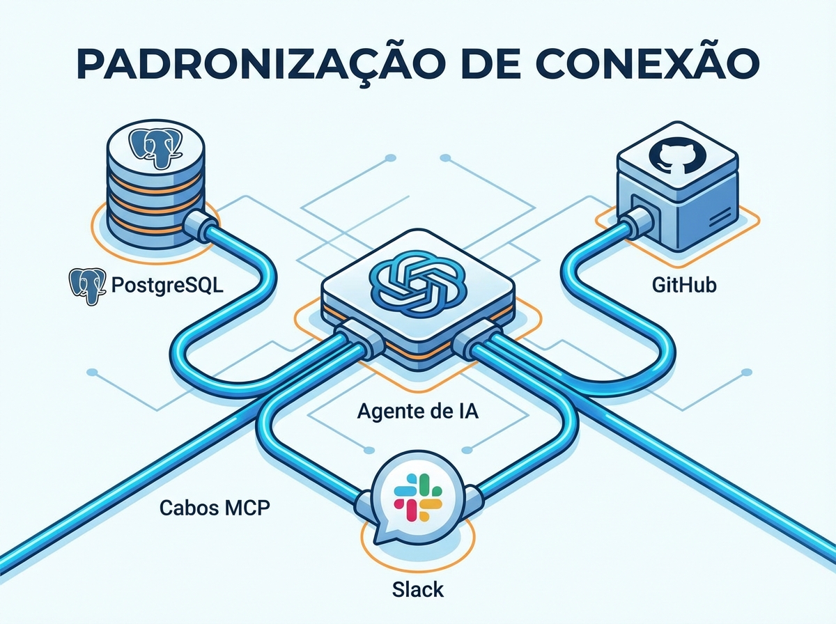 O Model Context Protocol (MCP) atuando como conector universal entre agentes de IA e ferramentas externas.