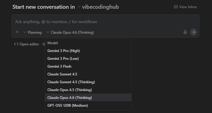 Mostrando como selecioma modelo 4.6 opus no Antigravity