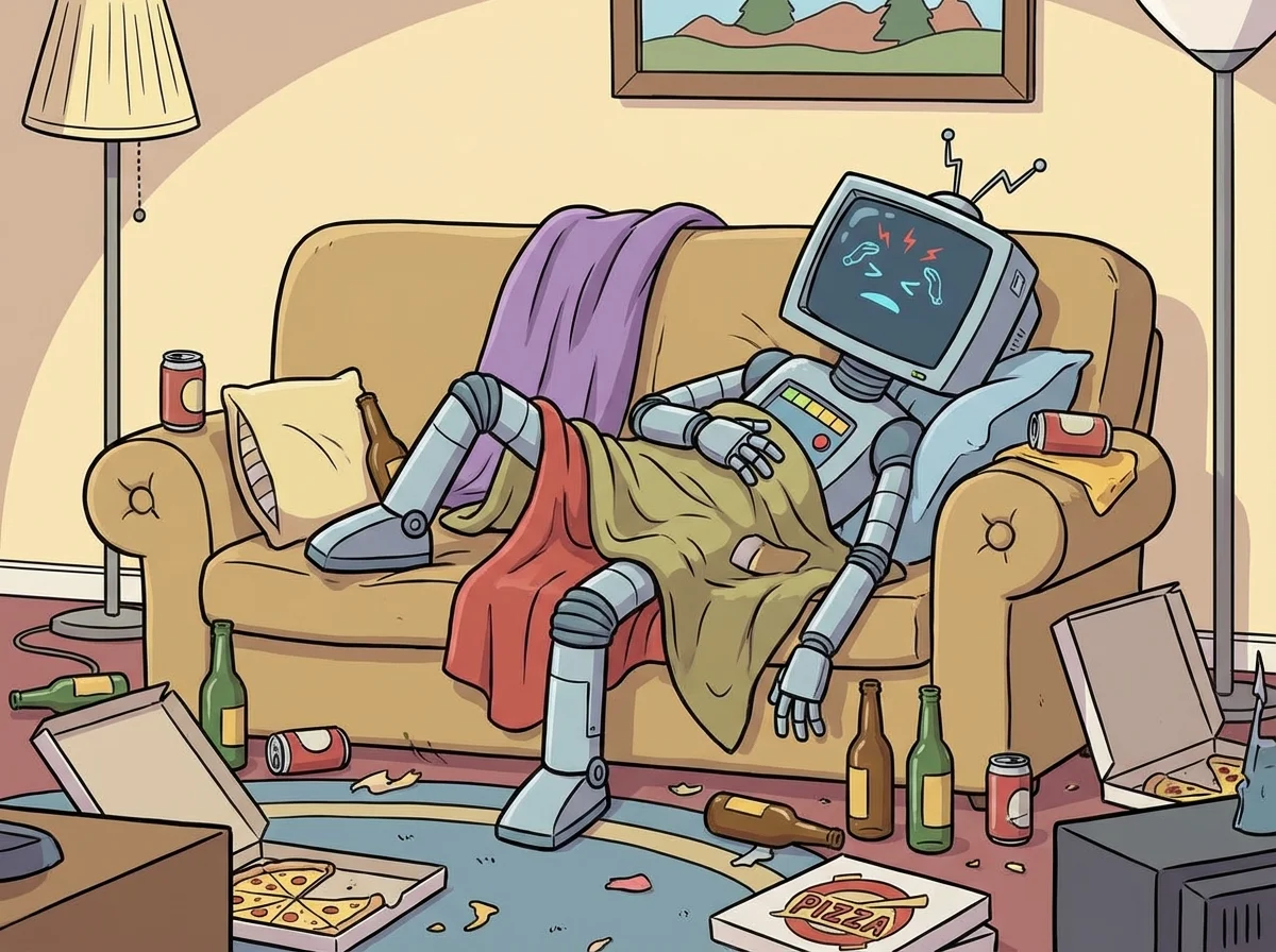 Uma IA de "ressaca" com bebidas e comida em volta